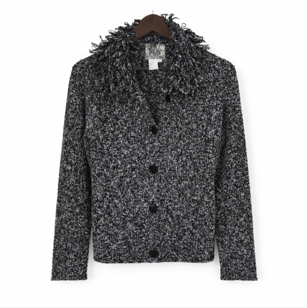 Curio Black & Gray Marled Wool Blend Boucle Knit Fringed Shawl Cardigan Sz Med